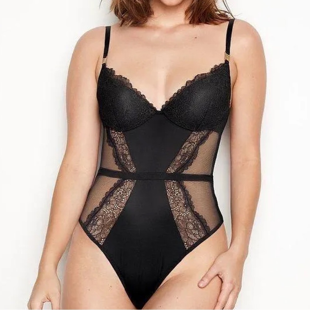 Victorias Secret Black Lace & Mesh Bodysuit with Gold Details